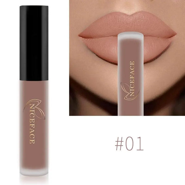 NICEFACE matte liquid lipstick shade 01 in beige nude beside a lip-color example