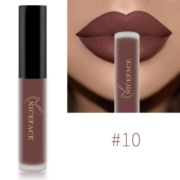 NICEFACE matte liquid lipstick shade 10 in chocolate brown beside a lip-color example
