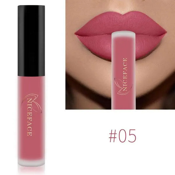 NICEFACE matte liquid lipstick shade 05 in bright pink beside a lip-color example