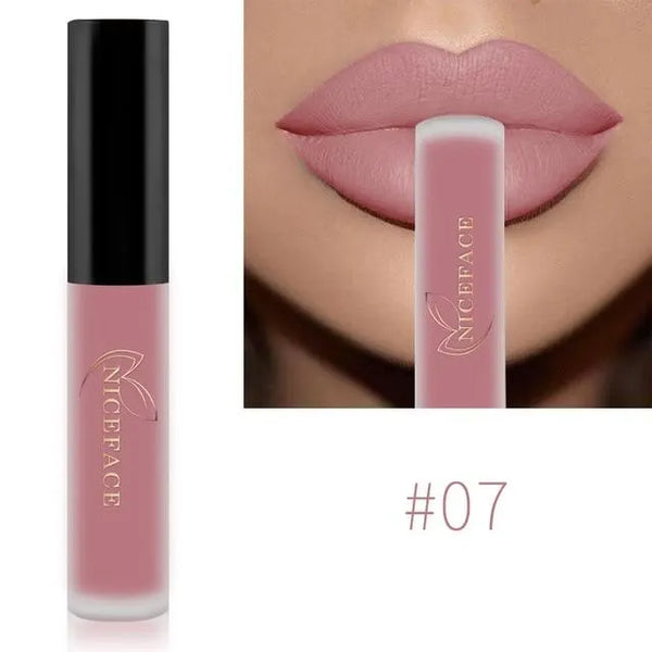 NICEFACE matte liquid lipstick shade 07 in pale pink beside a lip-color example