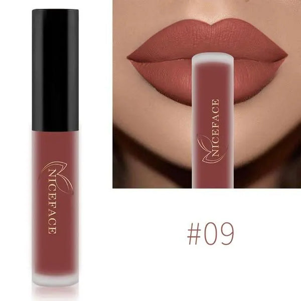 NICEFACE matte liquid lipstick shade 09 in muted brick rose beside a lip-color example