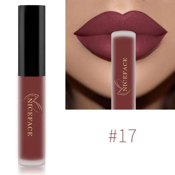 NICEFACE matte liquid lipstick shade 17 in muted rose beside a lip-color example