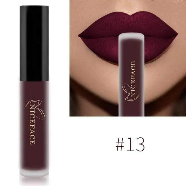 NICEFACE matte liquid lipstick shade 13 in berry burgundy beside a lip-color example