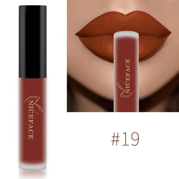 NICEFACE matte liquid lipstick shade 19 in burnt orange beside a lip-color example