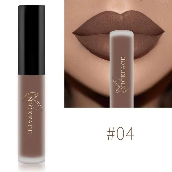 NICEFACE matte liquid lipstick shade 04 in brown nude beside a lip-color example