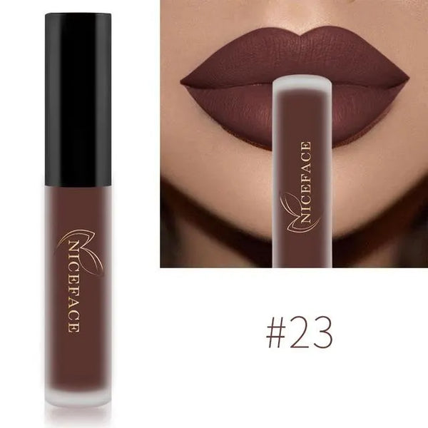NICEFACE matte liquid lipstick shade 23 in deep brown beside a lip-color example