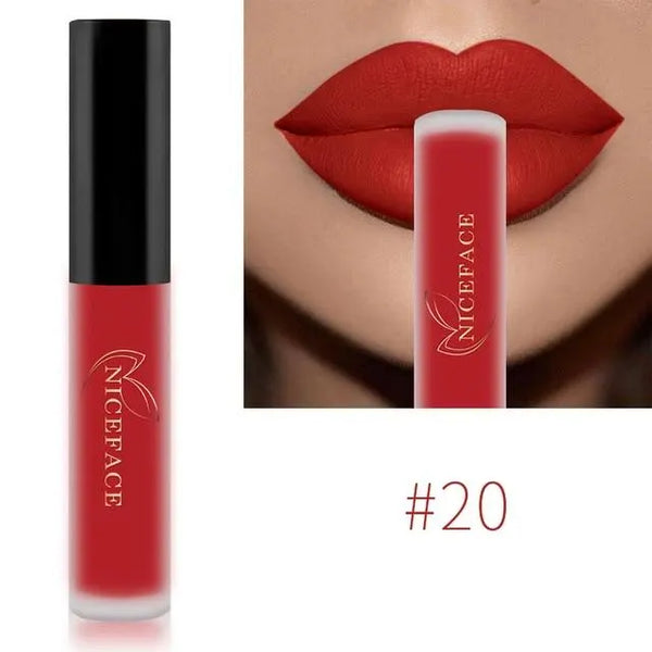 NICEFACE matte liquid lipstick shade 20 in bright red beside a lip-color example