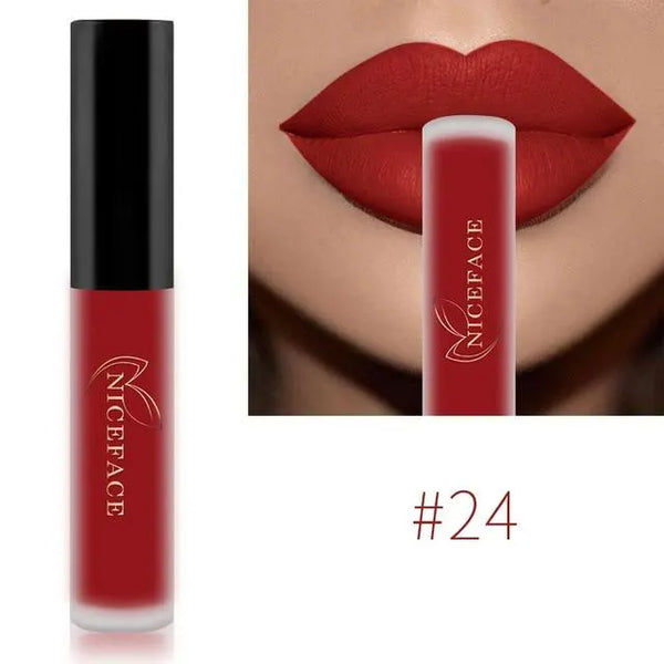 NICEFACE matte liquid lipstick shade 24 in red-orange beside a lip-color example