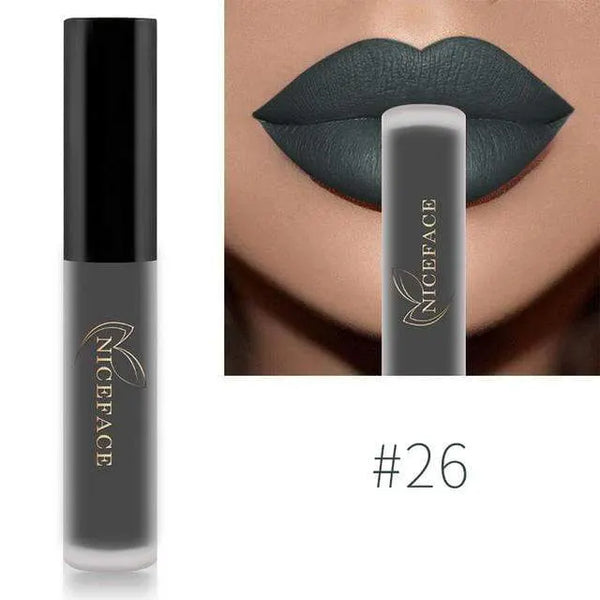 NICEFACE matte liquid lipstick shade 26 in charcoal gray beside a lip-color example