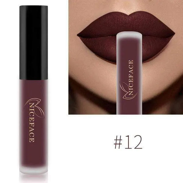 NICEFACE matte liquid lipstick shade 12 in dark burgundy beside a lip-color example