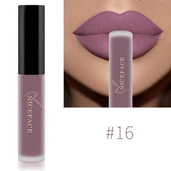 NICEFACE matte liquid lipstick shade 16 in muted lavender beside a lip-color example