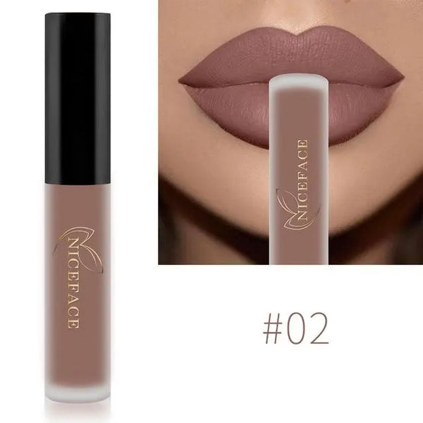NICEFACE liquid lipstick shade 02 with a brown-toned lip swatch