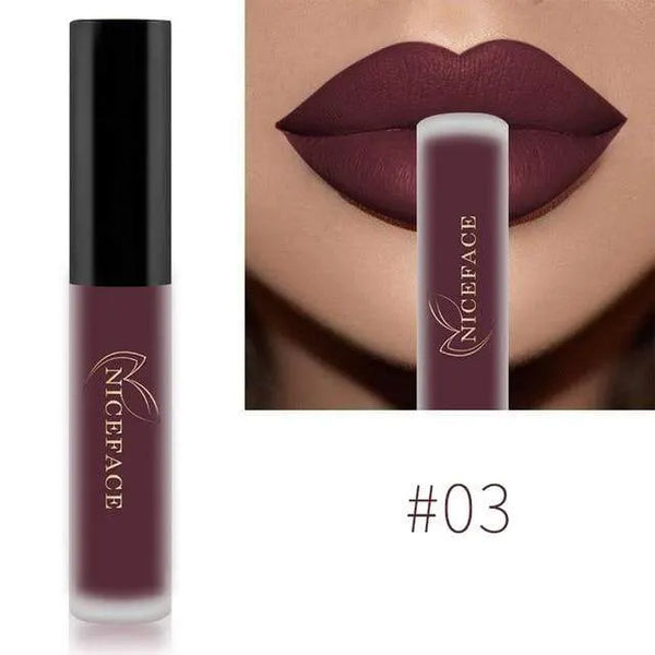 NICEFACE matte liquid lipstick shade 03 in deep plum beside a lip-color example