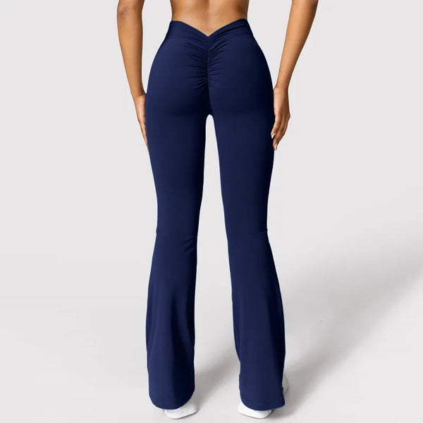 Navy flared leggings, back view