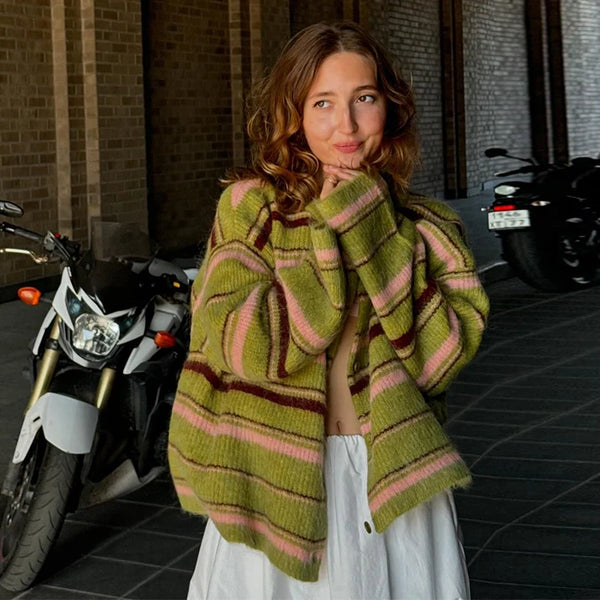 Green-and-pink striped knit hoodie