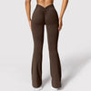 Brown flared leggings, back view