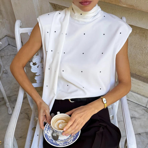 White polka-dot scarf-neck blouse, front view