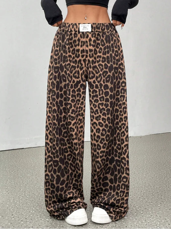 Front view of the wide-leg leopard-print pants