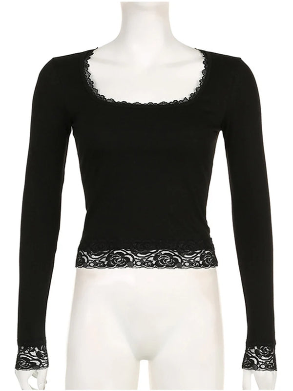 Black lace-trim top displayed on a mannequin