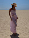 Back view of the pink lace-trim top and pants