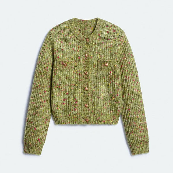 Green round-neck button-front knit cardigan