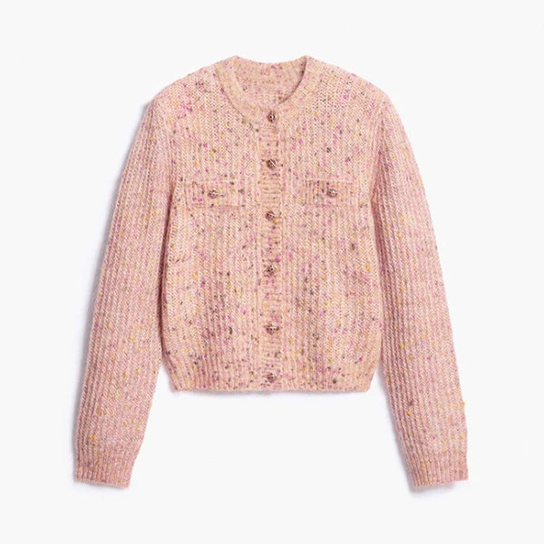 Pink round-neck button-front knit cardigan