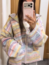 Pastel-striped zip-front knit hoodie, front view