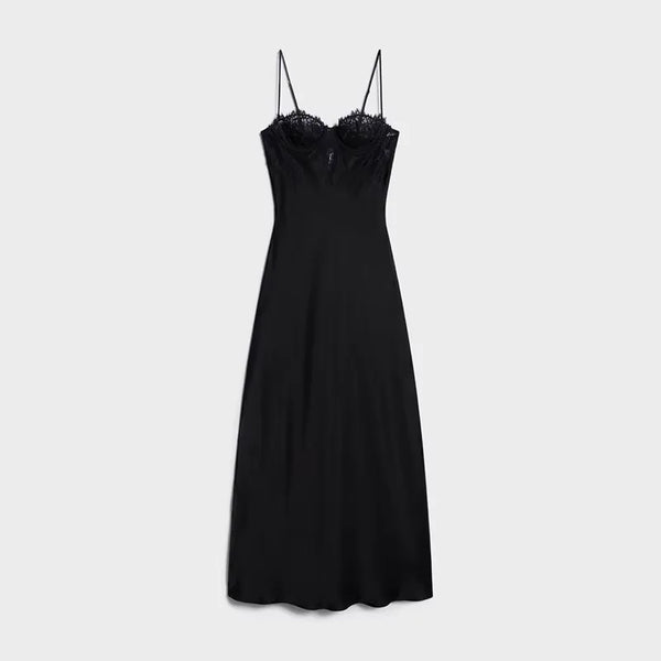 Black lace-bodice maxi dress on a white background