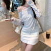 Blue-and-white striped long-sleeve top, front view