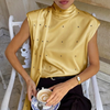 Champagne polka-dot scarf-neck blouse, front view