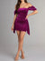 Purple off-shoulder ruched mini dress with a side sash