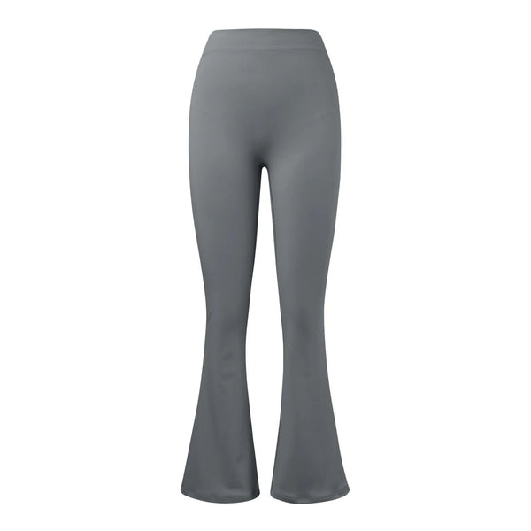 Gray flared leggings with a plain front waist
