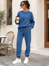 Blue crewneck sweatshirt and matching jogger pants
