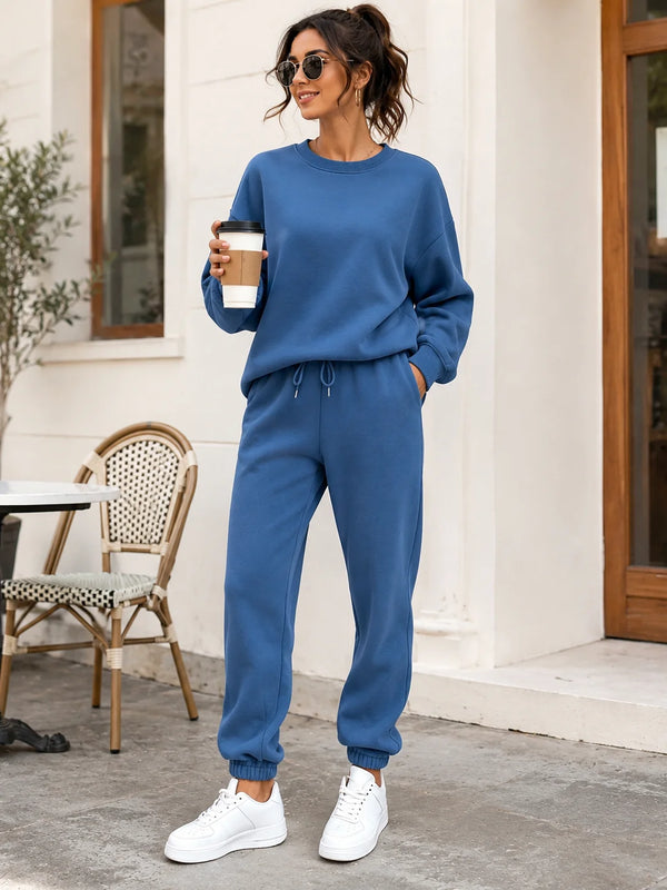 Blue crewneck sweatshirt and matching jogger pants