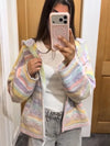 Pastel-striped knit hoodie with open zipper