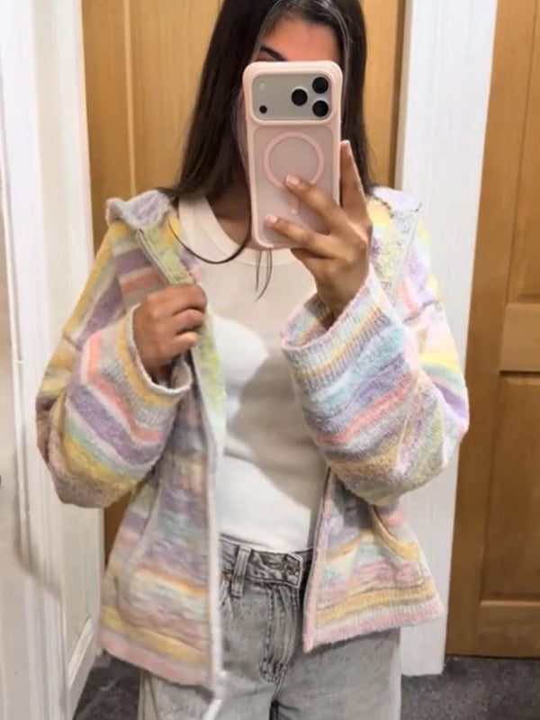 Pastel-striped knit hoodie with open zipper