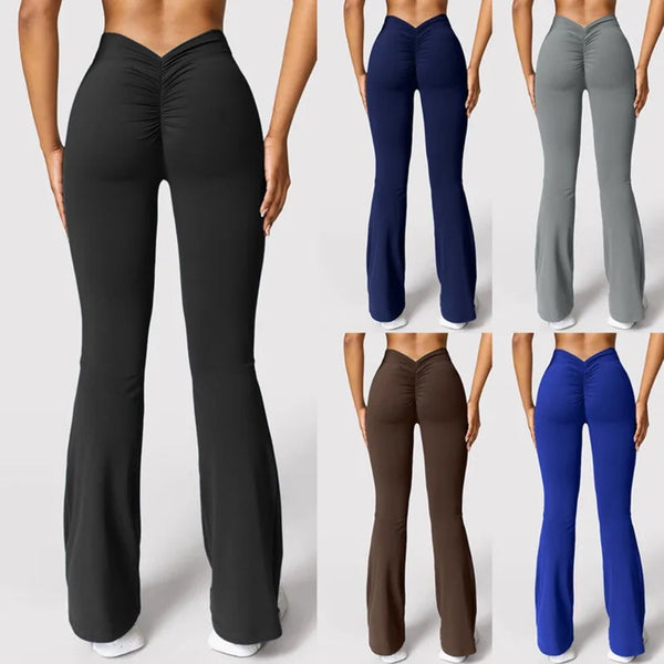 Flared leggings showing V-shaped back waists in several colors