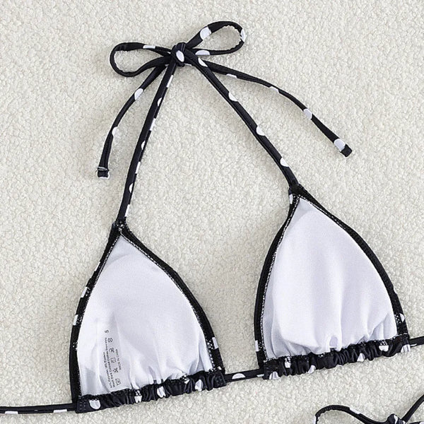 Inside of the triangle bikini top and neck ties