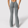 Gray flared leggings with a V-shaped back waist
