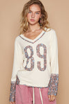 POL V-Neck Long Sleeve Floral Number Patch T-Shirt