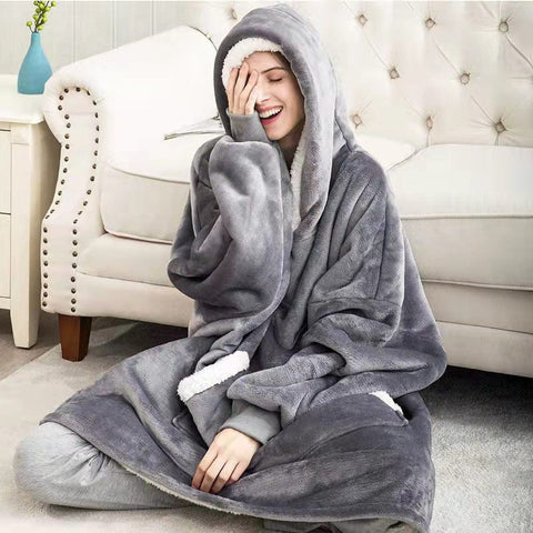 Christmas Hooded Fleece Pajamas TV Blanket Outdoor Cold-proof Nightgown Couple Cold-proof Fleece White Edge